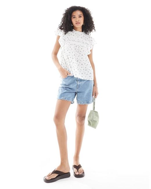 Vero Moda White High Neck Flutter Sleeved Embroidered Top