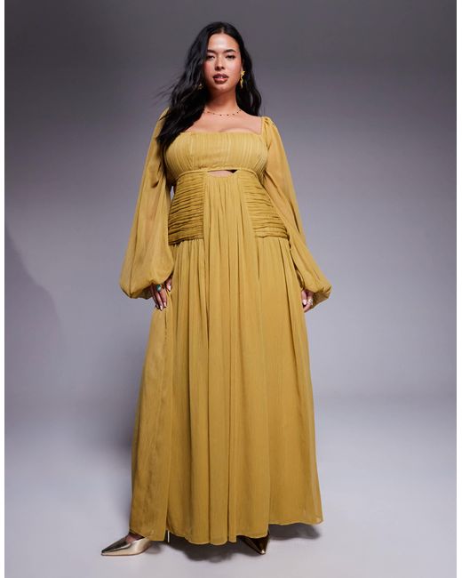 ASOS Metallic Asos Design Curve Long Sleeve Cut Out Maxi Dress With Ruched Skirt