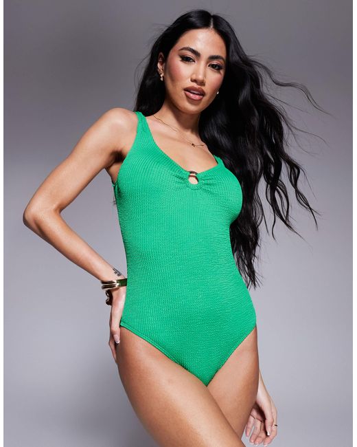 South Beach Green Crinkle Ring Front Swimsuit