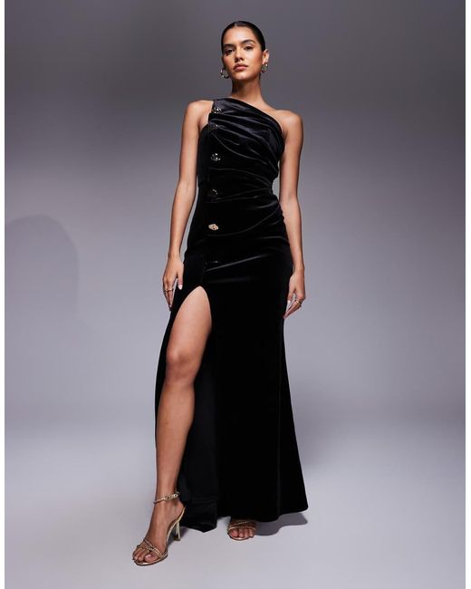 ASOS Blue Premium Velvet One Shoulder With Pleated Detail Maxi Dress With Gold Hardware