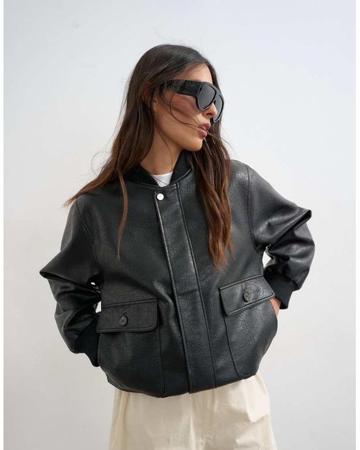TOPSHOP Black Faux Leather Nero Collar Bomber Jacket