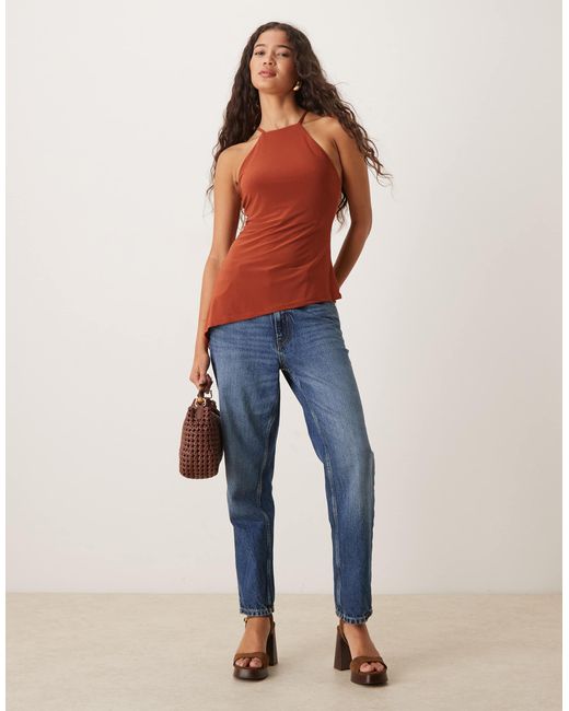 ASOS Orange Slinky Halterneck Asymmetric Top With Back Gold Trim Detail