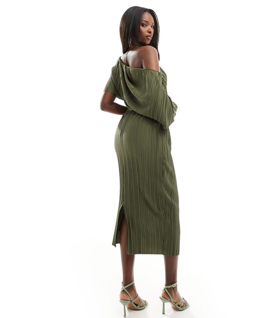 ASOS Green Plisse Fallen Shoulder Midi Dress
