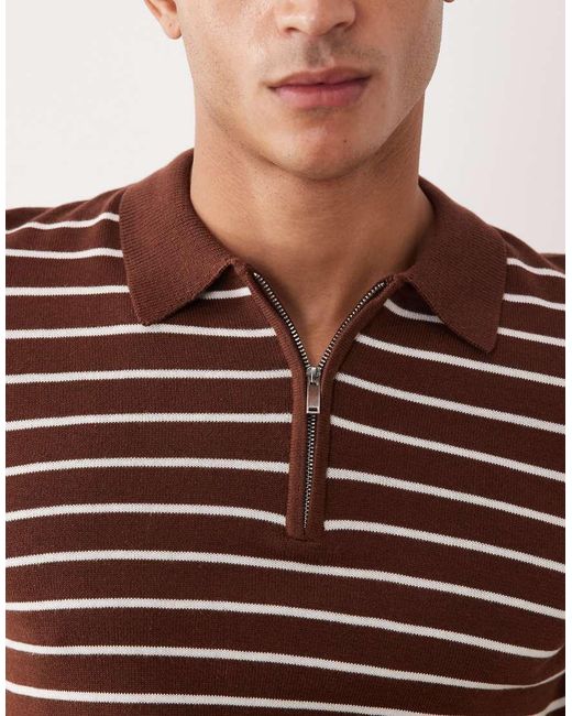 New Look Natural Stripe 1/4 Zip Polo for men