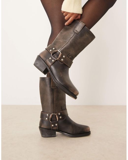 Cyrus - bottes montantes en cuir avec détail harnais - vieilli ASOS en coloris Natural