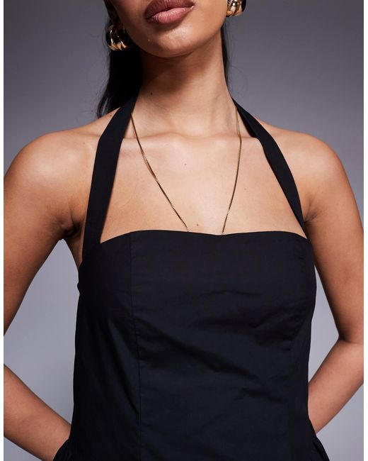 Kaiia Blue Exclusive Cotton Rich Poplin Square Neck Halter Maxi Dress