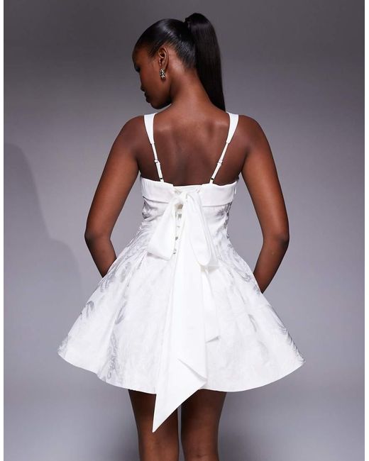 Murci White Satin Jacquard Square Neck Bow Back Mini Dress