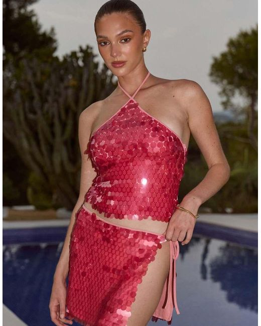 The Frolic Pink Exclusive Disc Sequin Tie Side Split Detail Mini Skirt