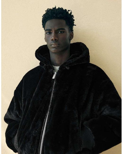 Bershka Black Reversible Faux Fur Hooded Jacket for men