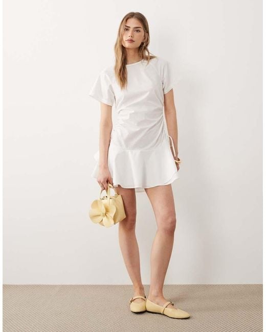 ASOS White Poplin Short Sleeve Mini Dress With Ruching Tie Waist Detail