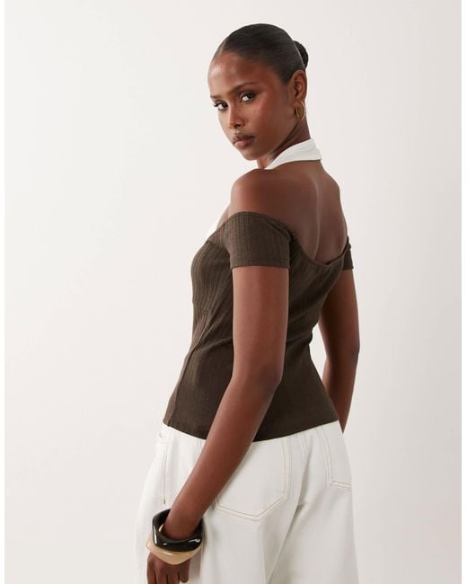 ASOS Natural Ribbed Double Layer Halter Neck Top