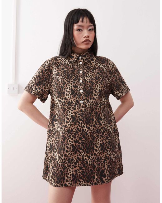 Monki Pink – oversize-hemdkleid aus twill mit leopardenmuster