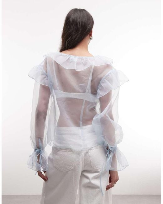 Monki White Sheer Frilled Long Sleeve Blouse