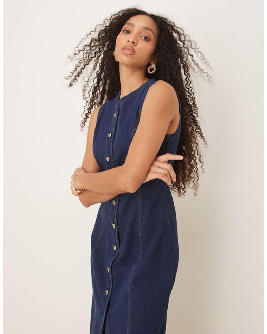 Abercrombie & Fitch Blue Denim Button Through Sleeveless Midi Dress
