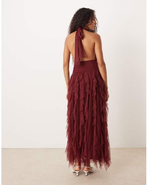 LACE & BEADS Red Backless Ruffle Maxi Dress