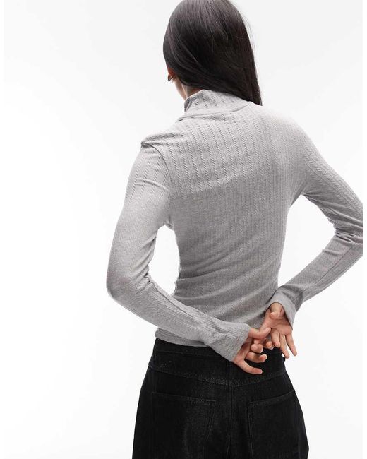 ASOS Gray Pointelle Long Sleeve Funnel Neck Top