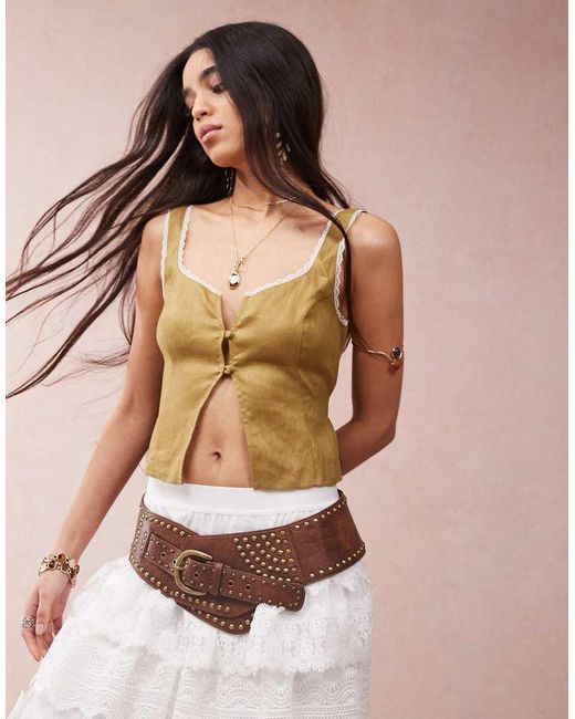 Vrg Grl Green Love Language Linen Button Front Top