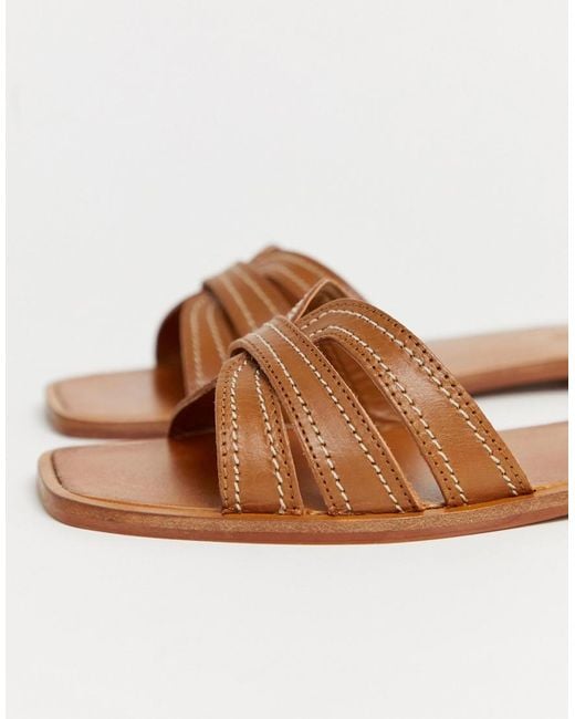 Mango Leather Flat Sandals in Brown | Lyst