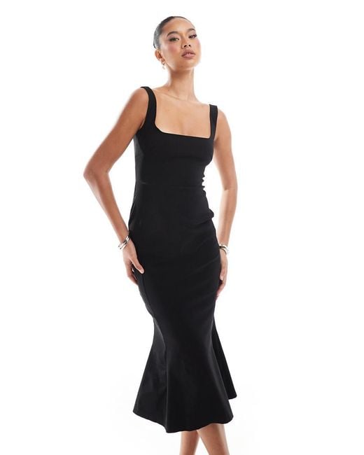 Vesper Black Bengaline Sleeveless Square Neck Fishtail Midi Dress