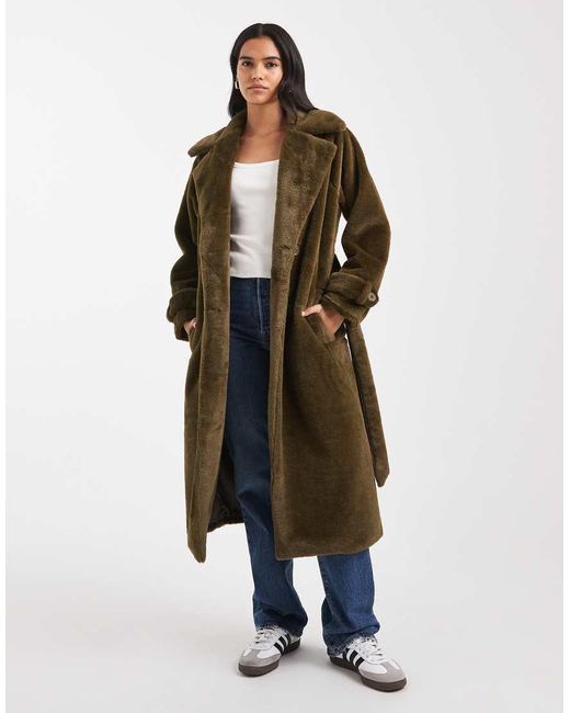 Wednesday's Girl Green Belted Faux Shearling Midaxi Coat