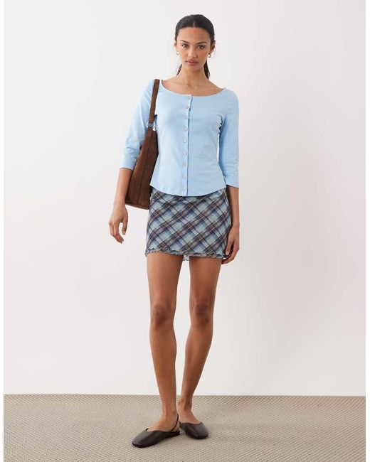 ASOS Blue Boat Neck Shaped Hem 3/4 Sleeve Cardigan