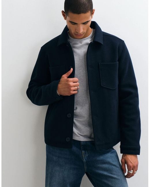 Threadbare Blue Faux Wool Collared Jacket With Patch Pockets for men