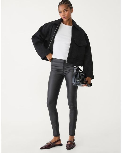 Stradivarius Black Super High Waist Coated Trousers