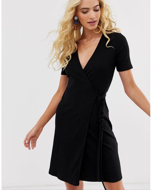 black wrap front dress