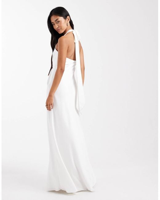 Six Stories White Bridal Scarf Halter Neck Twist Front Satin Maxi Dress