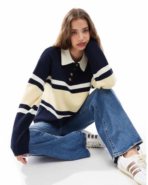 Daisy Street Blue Knitted Slouchy Fit Rugby Polo Shirt