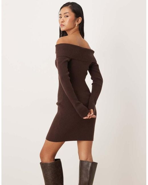 Abercrombie & Fitch Brown Knitted Off Shoulder Mini Dress With Hardware Detail