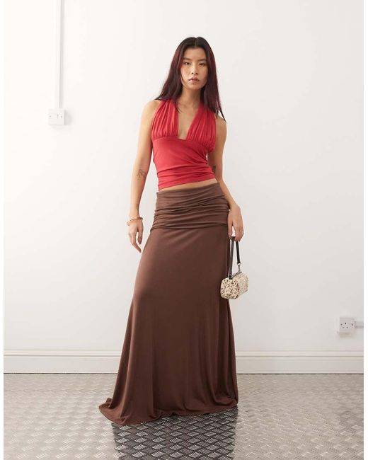 Susmie's Brown Mila Fold Over Slinky Cupro Midaxi Skirt
