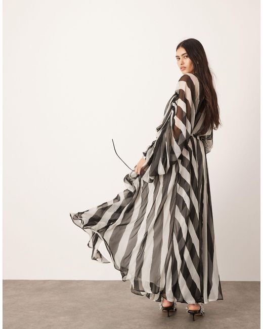 ASOS Natural Extreme Chiffon Gathered Waist Maxi Dress Mono Stripe Print