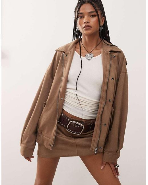 Lioness Brown Kenny Faux Suede Collared Bomber Jacket