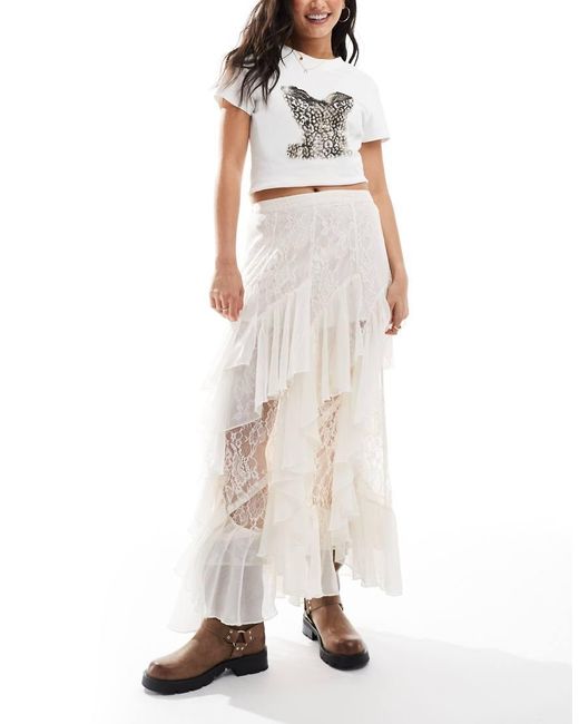 Miss Selfridge Natural Lace And Chiffon Mix Maxi Skirt