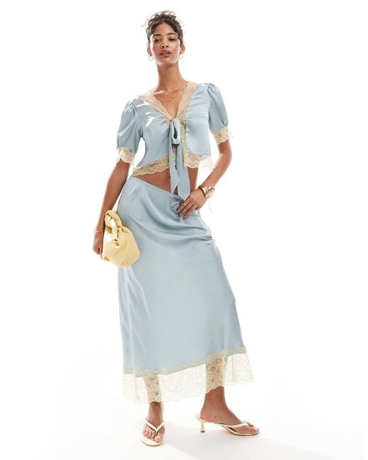 ASOS Blue Satin Midi Skirt With Lace Hem