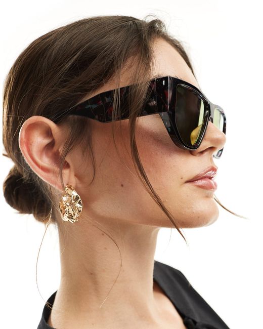 Vero Moda Black – eckige oversized-sonnenbrille mit schildpatt-optik-details und verspiegelten gläsern