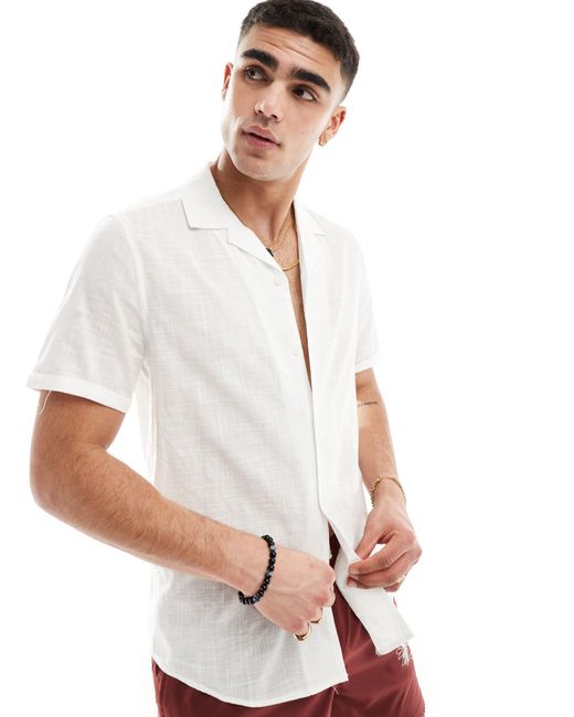 ASOS White Regular Fit Linen Look Roll Sleeve Revere Collar Shirt for men