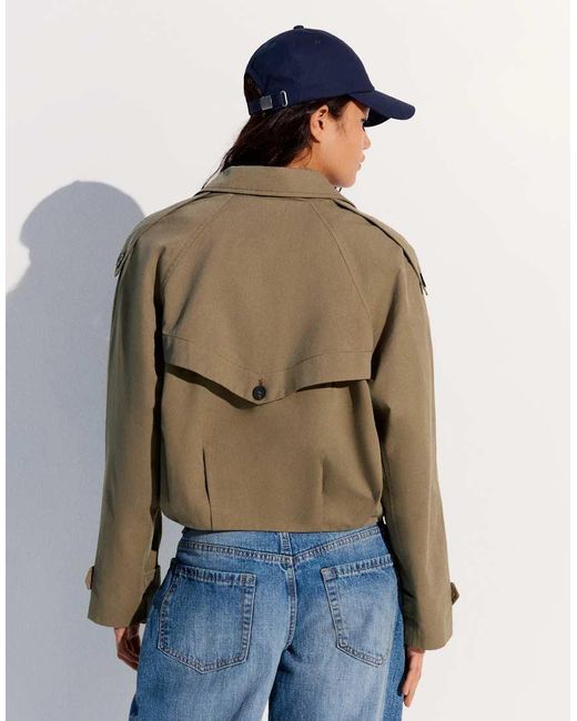 Bershka Blue Pleated Cropped Trench Coat