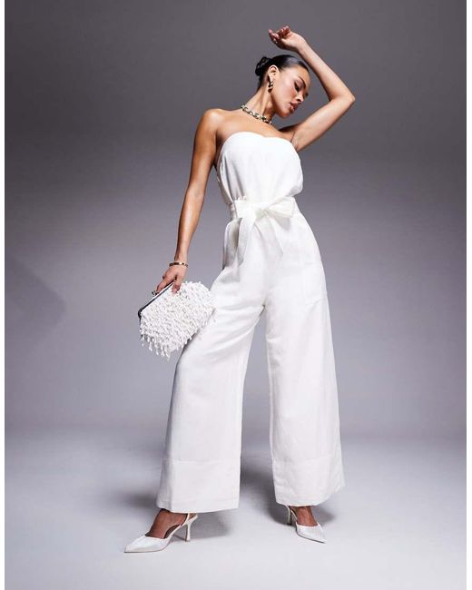 Forever New White Tie Waist Strapless Wide Leg Jumpsuit