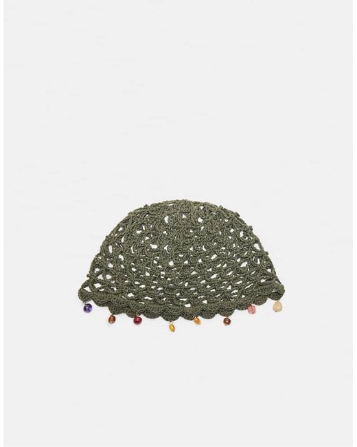Stradivarius Green Rhinestone Skull Cap