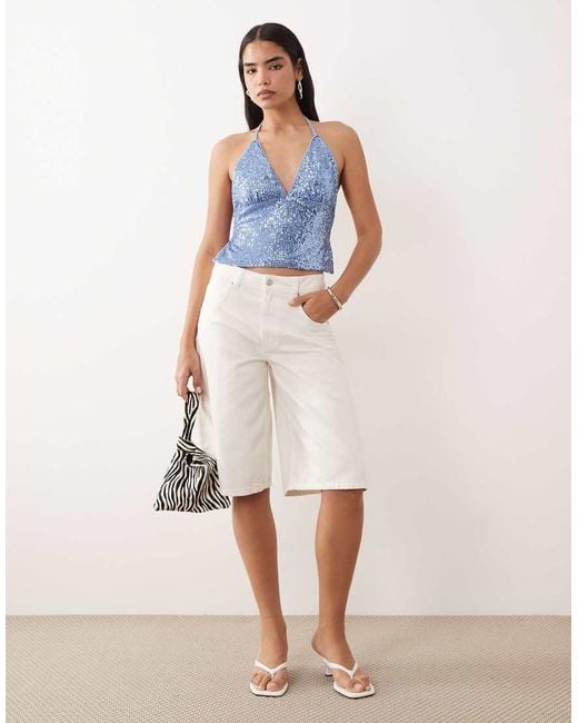 ASOS Blue Sequin Backless Halter Neck Top