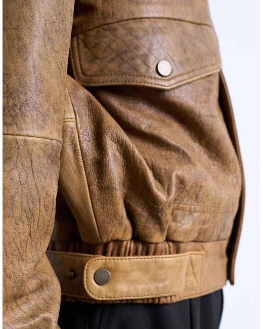 Topman Brown Real Leather Double Pocket Coat for men