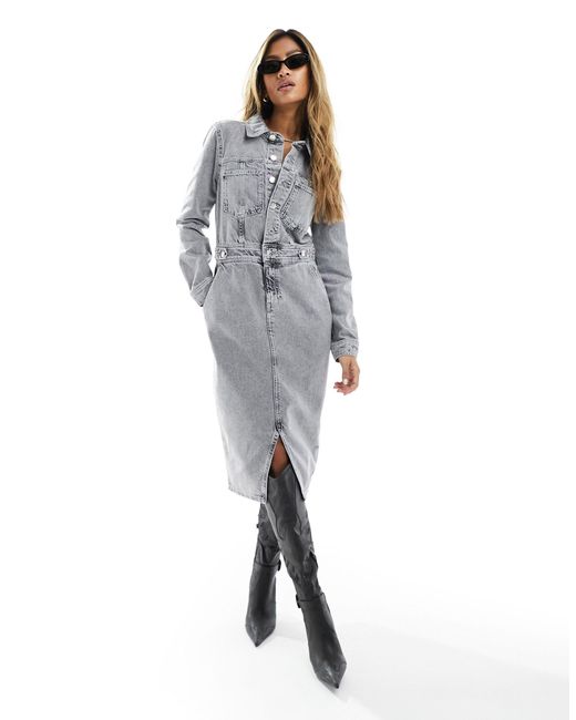River Island Gray Long Sleeve Button Front Denim Midi Dress