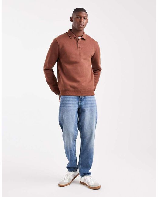 New Look Brown Button Rugby Polo Sweatshirt for men