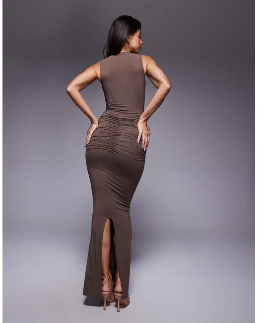 Wanderdoll Purple Tate Sculpting Second Skin Plunge Neck Ruched Detail Sleeveless Maxi Dress