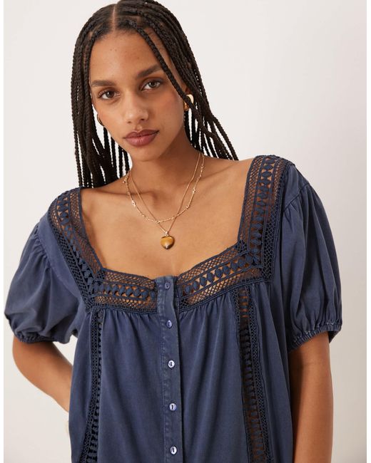 ASOS Blue Broderie Square Neck Button Down Puff Sleeve Playsuit