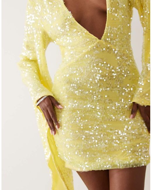 ASOS Yellow Sequin Plisse Batwing Mini Dress With Ruching Detail