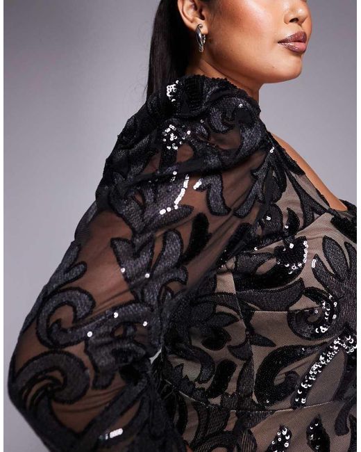 Goddiva Black Curve Square Neck Scalloped Lace Midi Dress