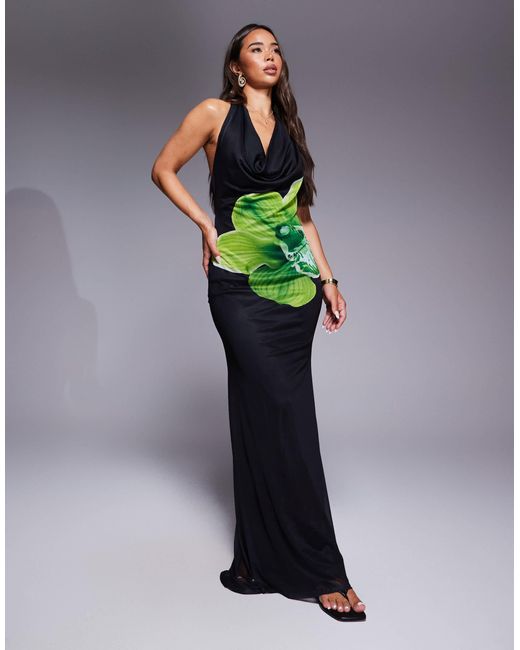 ASOS Multicolor Plunge Halter Maxi Dress With Lime Floral Placement Print